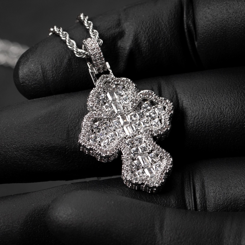 Men's White Gold Plated Fully Iced Cz Hip Hop Baguette Cross Pendant Necklace